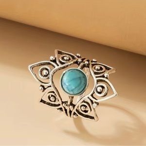 Geometric Turquoise Single Ring Female Vintage Carved Hollow Ring